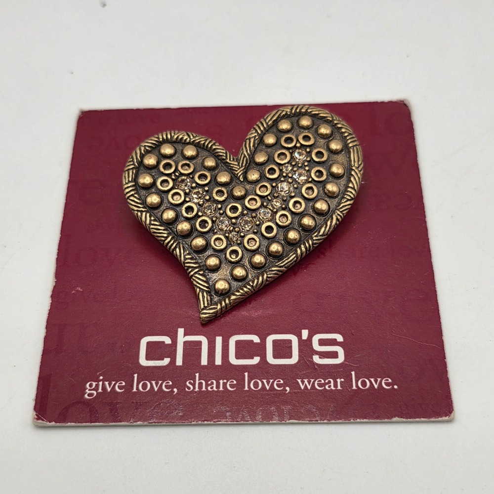 Chicos American Heart Association Heart Brooch Gold Tone Crystal Studded Pin